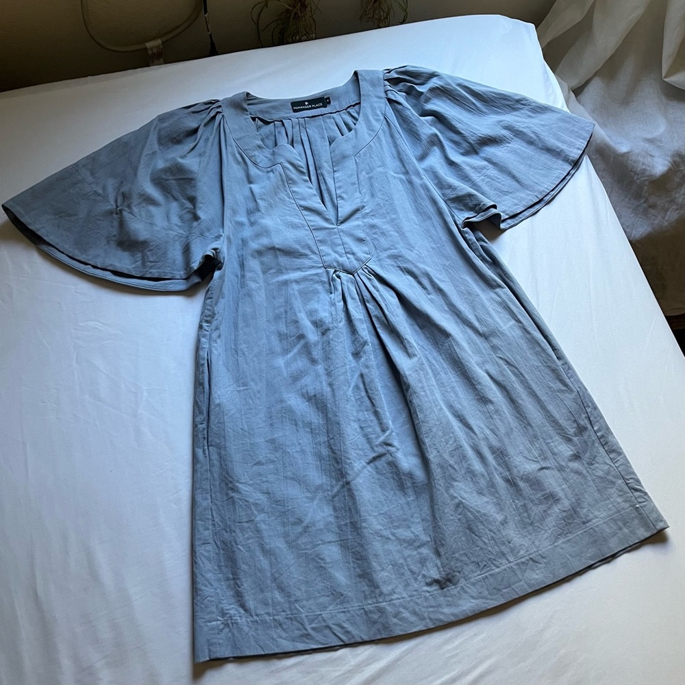 POMANDER PLACE denim dusty powder blue cotton flutter short sleeve mini dress